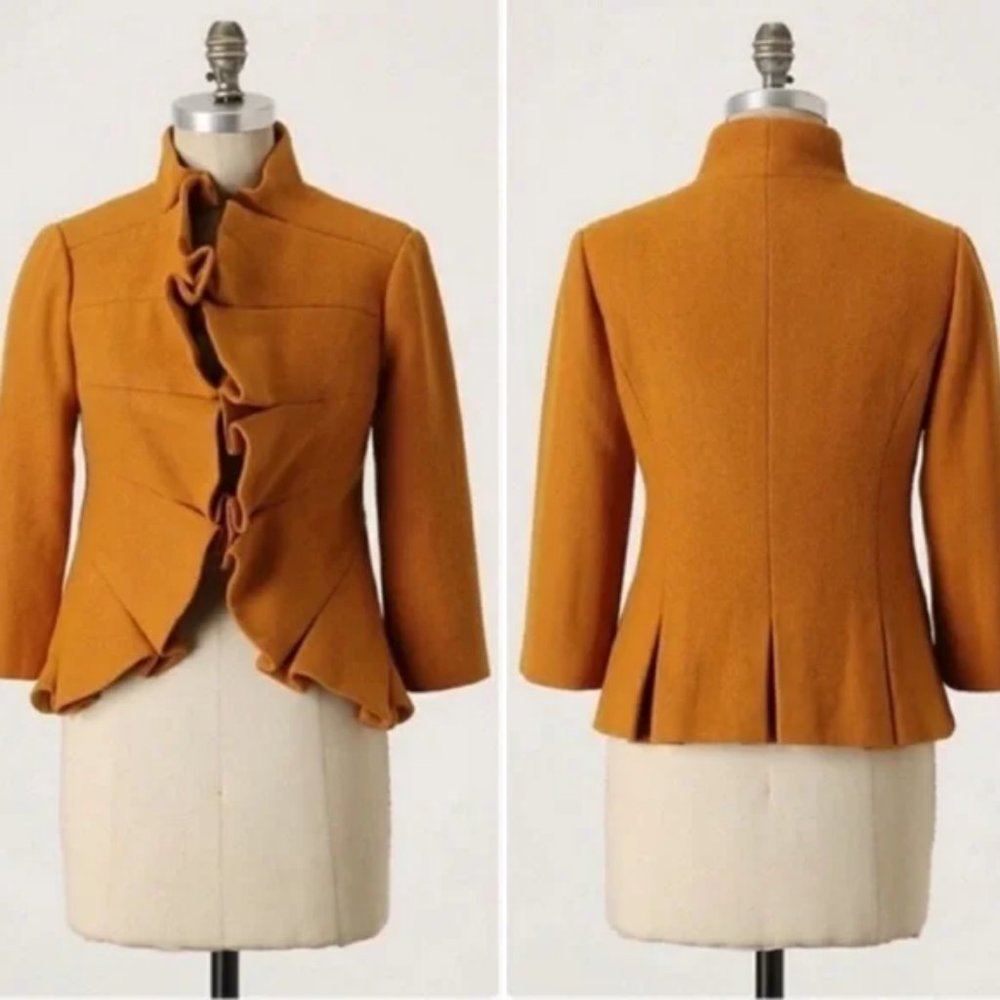 ANTHROPOLOGIE / TABITHA Terrace House Jacket, Mustard Yellow Wool Ruffle Boho 12